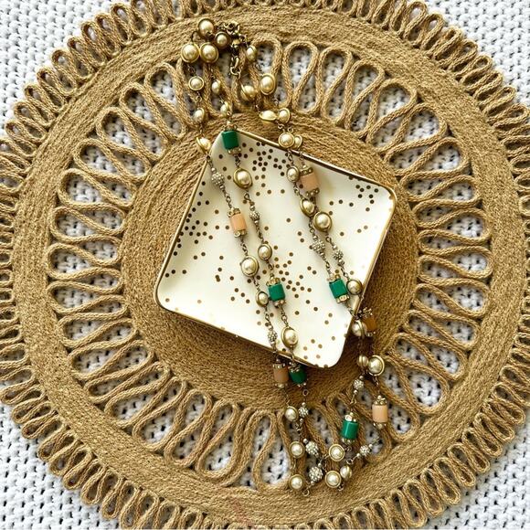 J Crew Set of 2 Gold Tone Pearl Accent Peach Green Stone Strand Necklaces Lot - Picture 2 of 8